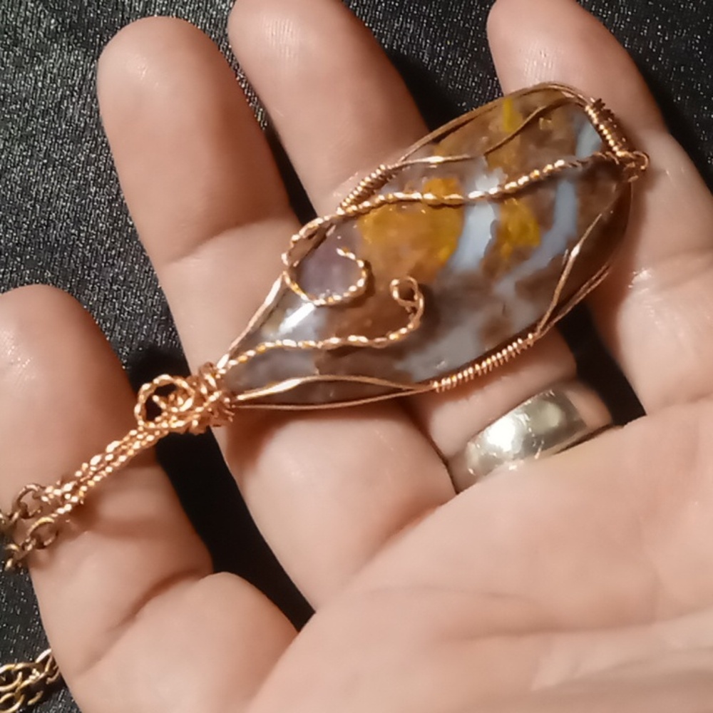 Chatoyant golden pietersite stone genuine copper wrap pendant necklace 26 in. - Picture 3 of 5